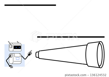 Artificial intelligence, astronomy, discovery, robotics, science, future concepts. A robot with arms pointing at a large telescope. Artificial intelligence and astronomy exploration concepts 136124532