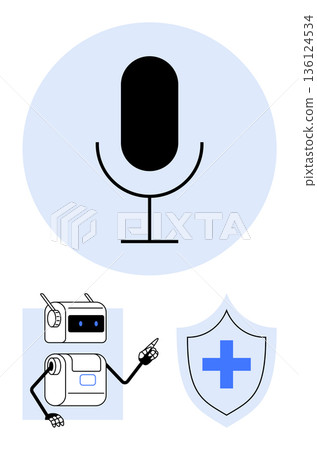 Speech recognition, healthcare communication, AI-assisted diagnosis, digital security, smart tech, automation. Robot pointing at a shield with a cross inside and a microphone icon. Speech recognition Speech recognition, healthcare communication, AI-assisted diagnosis, digital security, smart tech, automation. Robot pointing at a shield with a cross inside and a microphone icon. Speech recognition 136124534