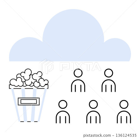 Entertainment, digital streaming, movie theater, online audience, cloud services, digital media. A popcorn bucket, audience icons and a cloud above them. Entertainment and digital streaming Entertainment, digital streaming, movie theater, online audience, cloud services, digital media. A popcorn bucket, audience icons and a cloud above them. Entertainment and digital streaming 136124535