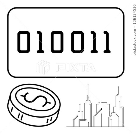 Financial technology, coding, digital currency, smart cities, blockchain, innovation. Binary code, coin with currency sign and a city skyline. Fintech and digital currency concepts Financial technology, coding, digital currency, smart cities, blockchain, innovation. Binary code, coin with currency sign and a city skyline. Fintech and digital currency concepts 136124536
