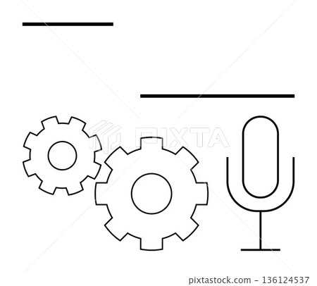 Audio technology, automation, innovation, sound engineering, production tools, technology . Minimalist design showing microphone and cogs. Audio technology and automation concept Audio technology, automation, innovation, sound engineering, production tools, technology . Minimalist design showing microphone and cogs. Audio technology and automation concept 136124537