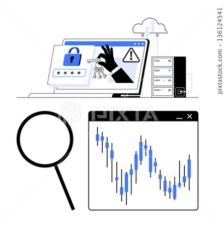 Cybersecurity, data protection, online safety, fraud prevention, hacking risks, financial analysis. Laptop with a lock icon, cloud server and analytics chart. Cybersecurity and data protection focus 136124541