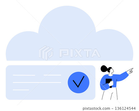 Cloud computing, data verification, online storage, digital security, business workflow, cloud services. Large cloud with checkmark, and professional holding documents pointing. Cloud computing Cloud computing, data verification, online storage, digital security, business workflow, cloud services. Large cloud with checkmark, and professional holding documents pointing. Cloud computing 136124544