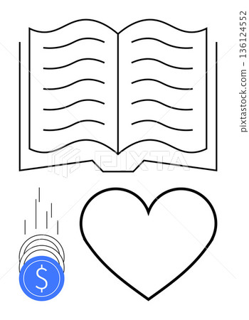 Education, charity, finance, love, fundraising, and philanthropy. Open book, heart falling coins with dollar sign. Education and charity concept with simple line drawings Education, charity, finance, love, fundraising, and philanthropy. Open book, heart falling coins with dollar sign. Education and charity concept with simple line drawings 136124552