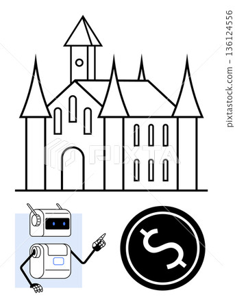 Financial planning, corporate strategy, historical concepts, artificial intelligence, technology evolution, futuristic economy. Robot pointing at dollar sign with castle background. Financial Financial planning, corporate strategy, historical concepts, artificial intelligence, technology evolution, futuristic economy. Robot pointing at dollar sign with castle background. Financial 136124556