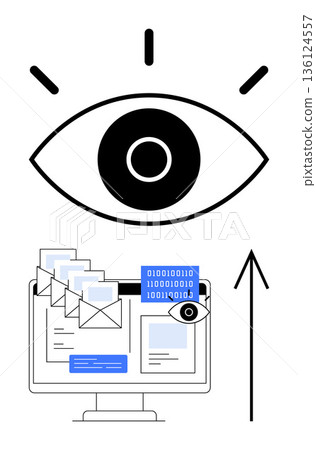 Data security, digital communication, email management, online privacy, surveillance, information technology. Eye symbol over a computer screen with emails and binary code. Data security and digital Data security, digital communication, email management, online privacy, surveillance, information technology. Eye symbol over a computer screen with emails and binary code. Data security and digital 136124557