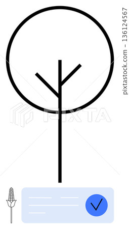 Sustainability, agriculture, certification, eco-friendly practices, environmental protection, product authenticity. Minimalist tree graphic with a verification badge and a corn symbol. Sustainability 136124567