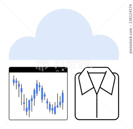 Cloud computing, data storage, e-commerce, fashion industry, stock trading, technology. Cloud with a stock market chart and a shirt icon side by side. Cloud computing and data storage concept 136124574