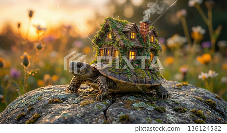 Fantasy turtle carrying cozy cottage house on shell. AI-generated item 136124582