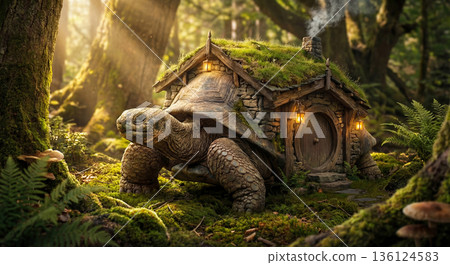Fantasy turtle carrying cozy cottage house on shell. AI-generated item 136124583