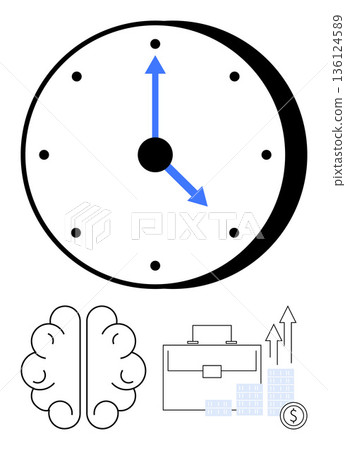 Time management, productivity, goal setting, cognitive analysis, business growth, financial planning. A clock, brain briefcase bar graphs and coins. Time management and productivity visualization Time management, productivity, goal setting, cognitive analysis, business growth, financial planning. A clock, brain briefcase bar graphs and coins. Time management and productivity visualization 136124589