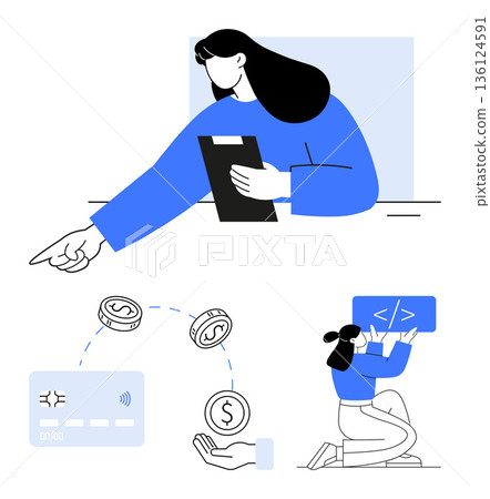 Fintech, online banking, coding, teamwork, money transfers, web development. Woman pointing to financial interface coins, card and developer visible. Fintech and coding concepts 136124591