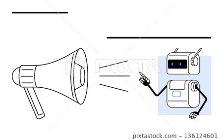 Marketing, automation, AI solutions, communication tools, customer support, tech innovation. Megaphone with sound lines pointing to a robot with expressive gestures. Marketing and automation 136124601