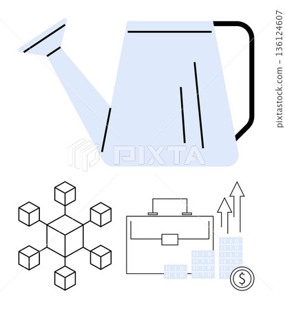 Business growth, investment strategies, blockchain technology, financial planning, innovation, entrepreneurship. Watering can with icons of network, briefcase and upward graphs. Business growth Business growth, investment strategies, blockchain technology, financial planning, innovation, entrepreneurship. Watering can with icons of network, briefcase and upward graphs. Business growth 136124607