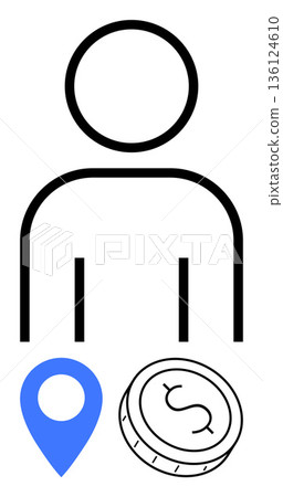 Finance, digital transactions, user navigation, location tracking, business services, data management. Minimalist design of a person, blue location marker and coin. Finance and digital transactions 136124610