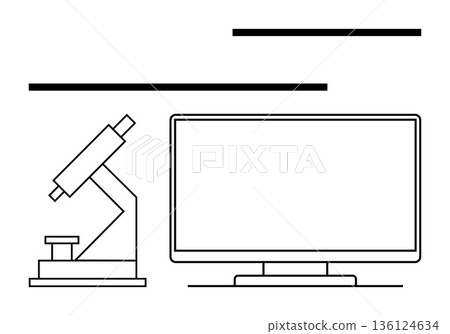 Science education, laboratory equipment, technology integration, scientific research, innovation, data analysis. Microscope next to a monitor in minimalist outline style. Science education 136124634