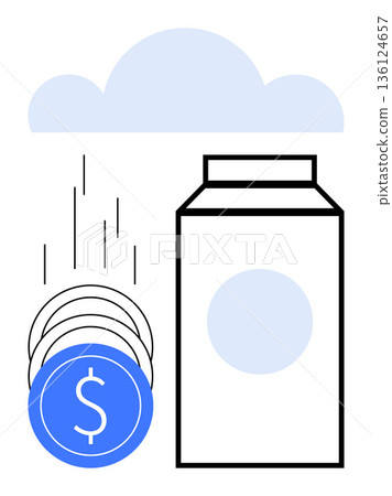 Cloud storage, digital economy, wealth management, online savings, fintech solutions, financial growth. Falling coins into a jar under a cloud. Cloud storage and digital economy concept 136124657