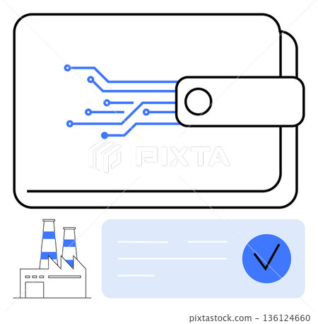 Digital payments, technology integration, financial security, industrial operations, blockchain, fintech. Wallet with circuitry and industrial elements. Digital payments and technology integration 136124660