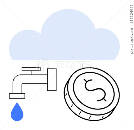 Cloud computing, financial planning, sustainability, economic efficiency, resource management, digital services. A cloud, water tap with a drop and a coin are . Cloud computing and financial 136124661