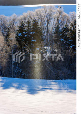 Sun pillars and diamond dust appear in the snowy fields: a natural phenomenon in Minamifurano, Hokkaido 136124677