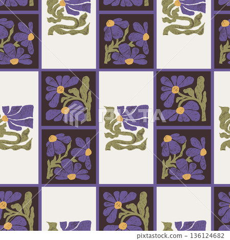Floral Seamless Pattern With Hand-Drawn Botanical Tiles And Textured Sketchy Hatching. Geometric Flower Folk Background. Vector Illustration Floral Seamless Pattern With Hand-Drawn Botanical Tiles And Textured Sketchy Hatching. Geometric Flower Folk Background. Vector Illustration 136124682