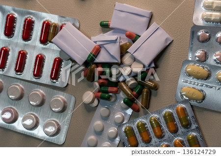 Medications, capsules, pills, and blister packs for health treatment Medications, capsules, pills, and blister packs for health treatment 136124729