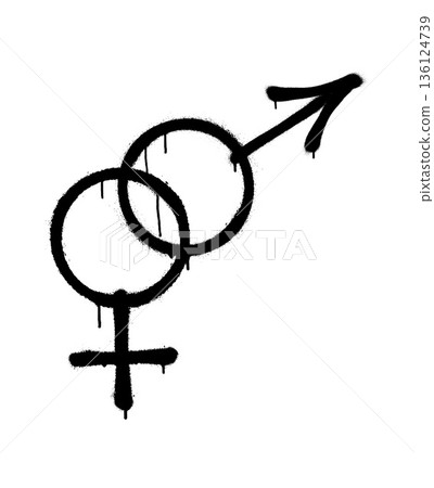 Graffiti style male and female gender symbols with dripping paint on white. 136124739