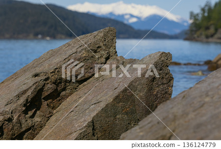 Beautiful landscape of the rocky shore and mountains on the island at the Harrison Lake, BC. 136124779