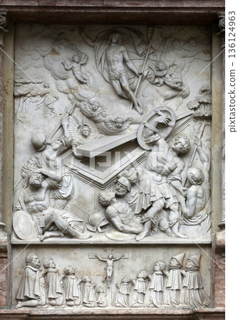 Resurrection of Christ, Architectural details from the external walls of St Stephen's Cathedral in Vienna, Austria 136124963