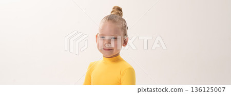 Banner child with cochlear implant during sport dance practice in studio. Copy space. Hearing loss treatment, auditory rehabilitation, assistive technology, body coordination, and inclusive physical Banner child with cochlear implant during sport dance practice in studio. Copy space. Hearing loss treatment, auditory rehabilitation, assistive technology, body coordination, and inclusive physical 136125007