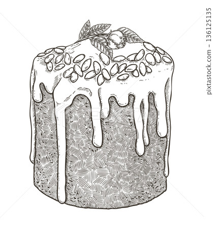 Easter cake icing with sugar. Vector outline illustration in vintage sketch style. Festive Kulich bakery with rose and almond. Hand drawn line artwork for holiday design. Spring cooking card template. 136125135