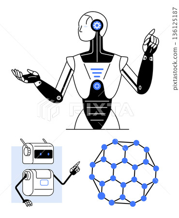 Artificial intelligence, robotics, machine learning, futuristic advancements, science technology, data analysis. Human-thumbs up robot, small bot molecular network diagram. Artificial intelligence 136125187