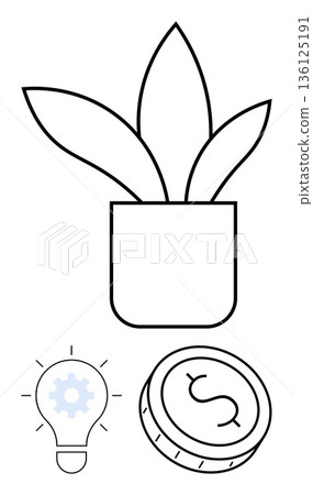 Business strategy, finance growth, innovation, investment planning, sustainability, entrepreneurship. Potted plant, lightbulb with gear coin with dollar sign. Finance growth and innovation concept Business strategy, finance growth, innovation, investment planning, sustainability, entrepreneurship. Potted plant, lightbulb with gear coin with dollar sign. Finance growth and innovation concept 136125191