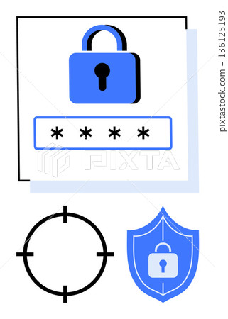 Cybersecurity, online privacy, data security, authentication, password safety, user protection. Lock, shield password field and target symbol visual elements. Cybersecurity and online privacy Cybersecurity, online privacy, data security, authentication, password safety, user protection. Lock, shield password field and target symbol visual elements. Cybersecurity and online privacy 136125193