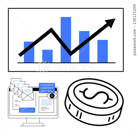 Financial growth, data security, email analytics, business trends, investment, monetary strategies. Bar graph showing growth, dollar coin email analysis on monitor. Financial growth and data Financial growth, data security, email analytics, business trends, investment, monetary strategies. Bar graph showing growth, dollar coin email analysis on monitor. Financial growth and data 136125209