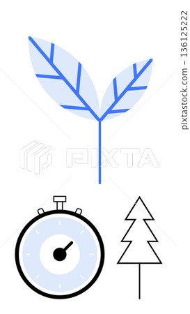 Sustainability, time efficiency, nature, environmental conservation, eco-friendly practices, growth. A blue leaf, stopwatch and tree symbol. Sustainability and time efficiency concept Sustainability, time efficiency, nature, environmental conservation, eco-friendly practices, growth. A blue leaf, stopwatch and tree symbol. Sustainability and time efficiency concept 136125222