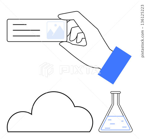 Identity verification, cloud storage, scientific research, data security, technology, and innovation. Minimalist image of a hand holding an ID over symbols of a cloud and flask. Identity verification 136125223