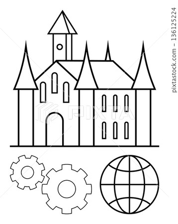 Globalization, technology, medieval history, innovation, engineering, connectivity. Castle outline with gears and a globe. Globalization and technology concept blending history and modern Globalization, technology, medieval history, innovation, engineering, connectivity. Castle outline with gears and a globe. Globalization and technology concept blending history and modern 136125224