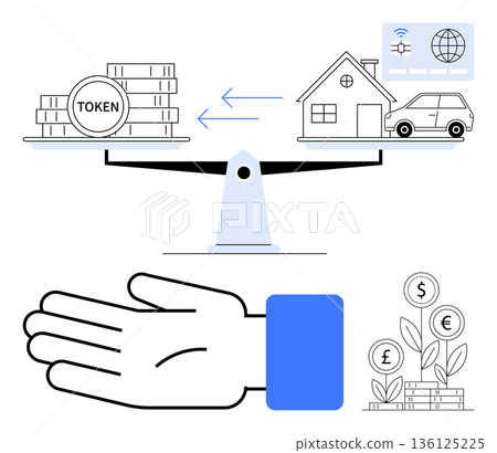 Blockchain technology, digital finance, tokenization, asset management, property transactions, investment strategies. Scale with tokens and assets, hand and growth symbols. Blockchain and digital 136125225