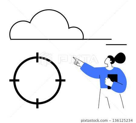 Cloud storage, file transfer, data access, productivity tools, business operations, future technology. A businesswoman pointing at a cloud above a target icon. Cloud storage and file transfer Cloud storage, file transfer, data access, productivity tools, business operations, future technology. A businesswoman pointing at a cloud above a target icon. Cloud storage and file transfer 136125234