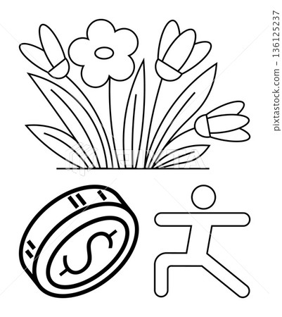 Sustainability, financial well-being, fitness, eco-consciousness, personal health, investment concepts. Flowers, dollar coin and human silhouette in active pose. Sustainability and financial 136125237