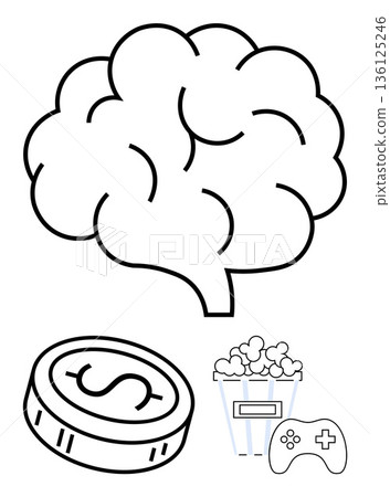 Entertainment industry, decision-making, creative thinking, gaming, financial literacy, media consumption. Brain symbol, coin popcorn and gaming controller. Entertainment and decision-making Entertainment industry, decision-making, creative thinking, gaming, financial literacy, media consumption. Brain symbol, coin popcorn and gaming controller. Entertainment and decision-making 136125246