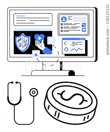 Telemedicine, health insurance, financial management, online healthcare, digital diagnosis, medical data. Computer screen with health icons, stethoscope and dollar coin. Telemedicine and health 136125252