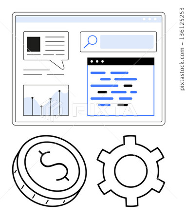 Business analytics, web development, programming, financial technology, data visualization, and software engineering. Interface layout with graphs, code and search bar. Business analytics 136125253