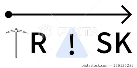 Risk management, decision making, cautionary design, hazard mitigation, industry safety, insight planning. A pickaxe, caution triangle and arrow forming the word risk. Risk management and hazard 136125282
