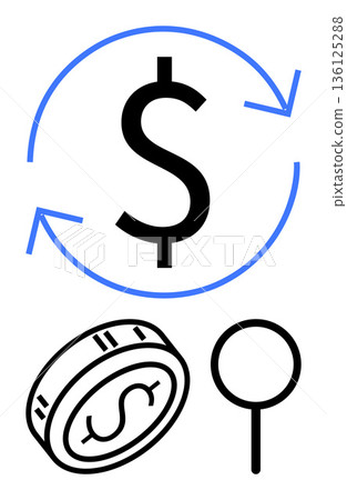 Financial analysis, investment growth, economic review, budget planning, currency exchange, savings. Dollar sign with arrows, coin and magnifying glass. Financial analysis and investment growth Financial analysis, investment growth, economic review, budget planning, currency exchange, savings. Dollar sign with arrows, coin and magnifying glass. Financial analysis and investment growth 136125288