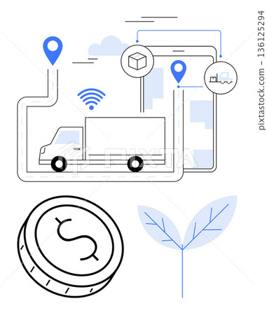 Supply chain, logistics, sustainability, e-commerce, financial planning, smart delivery. Truck, map markers coin and leaf innovation. Logistics and sustainability concepts Supply chain, logistics, sustainability, e-commerce, financial planning, smart delivery. Truck, map markers coin and leaf innovation. Logistics and sustainability concepts 136125294