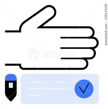 Digital authorization, electronic documents, legal agreements, identity validation, document signing process, online security. A hand next to a stylus and verified document. Digital authorization Digital authorization, electronic documents, legal agreements, identity validation, document signing process, online security. A hand next to a stylus and verified document. Digital authorization 136125295