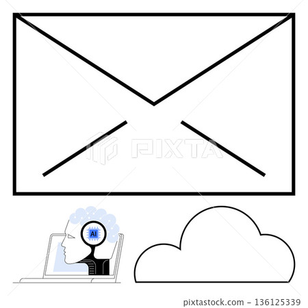 Digital communication, AI technology, cloud storage, innovation, data exchange, machine learning. Envelope icon, AI head on a laptop cloud symbol. Digital communication and AI technology concept Digital communication, AI technology, cloud storage, innovation, data exchange, machine learning. Envelope icon, AI head on a laptop cloud symbol. Digital communication and AI technology concept 136125339