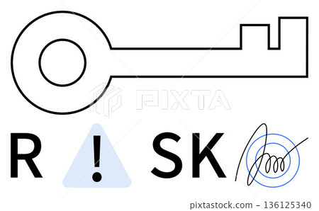 Security, digital authentication, risk management, signature verification, cybersecurity, digital alerts. Key symbol paired with risk alert triangle and digital signature. Security and digital Security, digital authentication, risk management, signature verification, cybersecurity, digital alerts. Key symbol paired with risk alert triangle and digital signature. Security and digital 136125340
